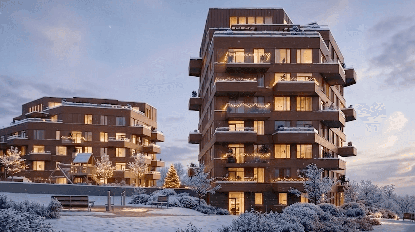 Eikeparken boligblokker — trerørssystem med fjernvarme, prosjektert av KM Prosjektering